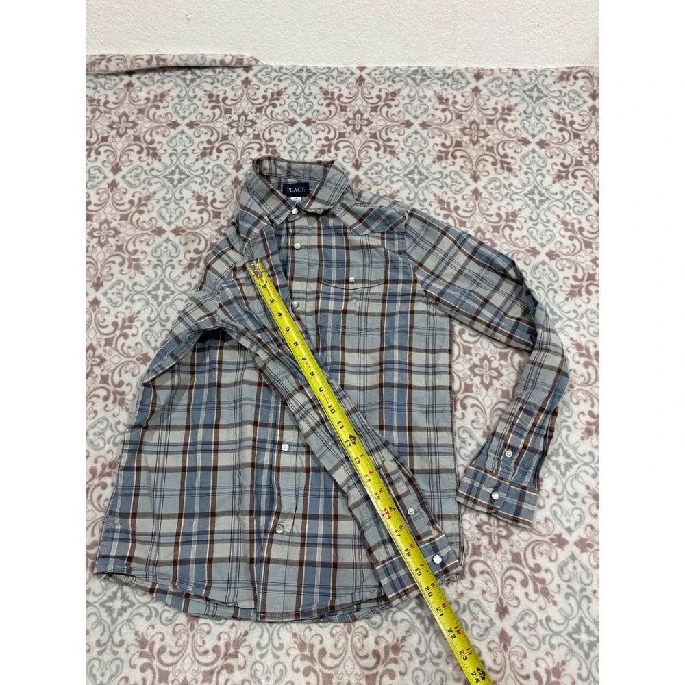 The Childrens Place Boys Blue Brown Plaid Western Snap Button Shirt Size 14 XL